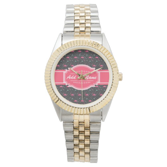 Personalised Name Pink Flamingo Pattern Watch (Front)