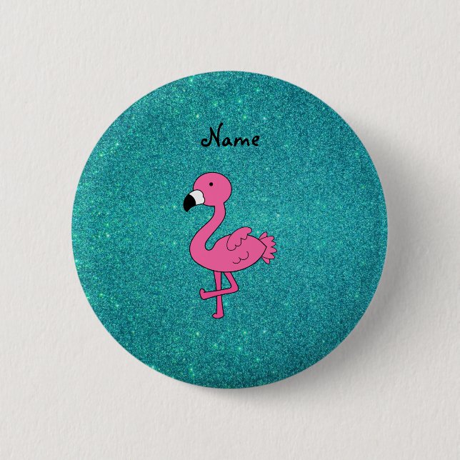 Personalised name pink flamingo turquoise glitter 6 cm round badge (Front)