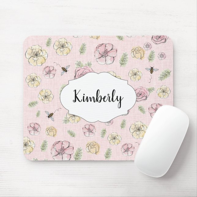 Personalised Name Pink Floral Mouse Pad (With Mouse)