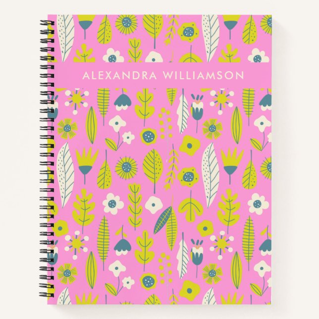 Personalised Name Pink Floral School Office Cute Notebook (Front)