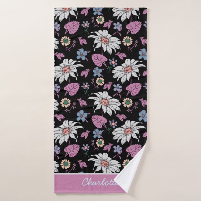 Personalised name pink floral seamless pattern  bath towel (Bath Towel)