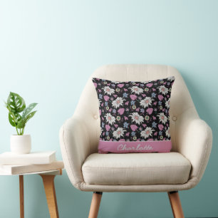 Personalised name pink floral seamless pattern  cushion