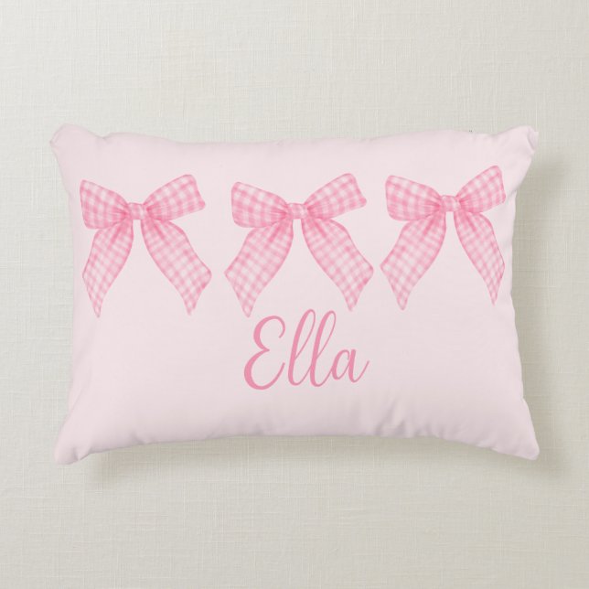 Personalised Name Pink Gingham Coquette Bow Pillow (Front)