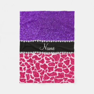 Personalised name pink giraffe purple glitter fleece blanket
