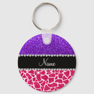 Personalised name pink giraffe purple glitter key ring