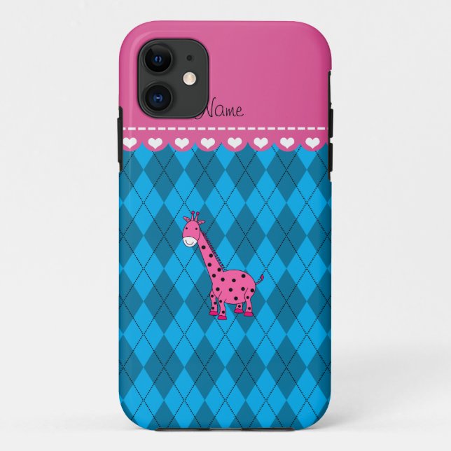 Personalised name pink giraffe sky blue argyle Case-Mate iPhone case (Back)