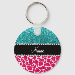 Personalised name pink giraffe turquoise glitter key ring