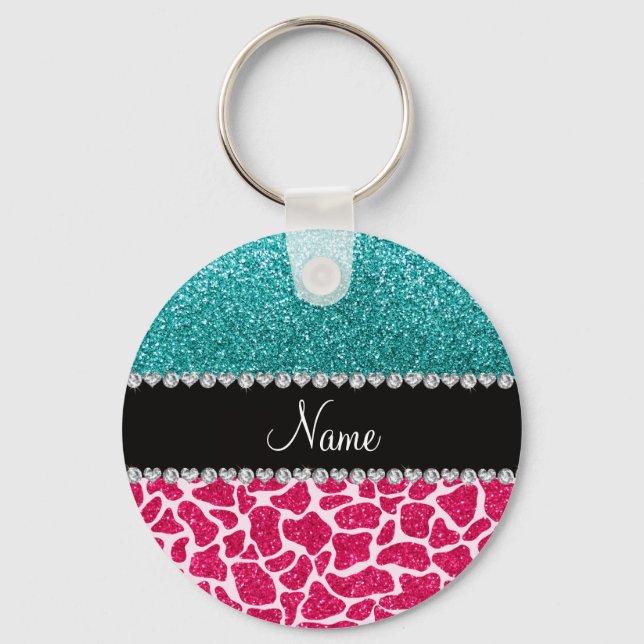 Personalised name pink giraffe turquoise glitter key ring (Front)