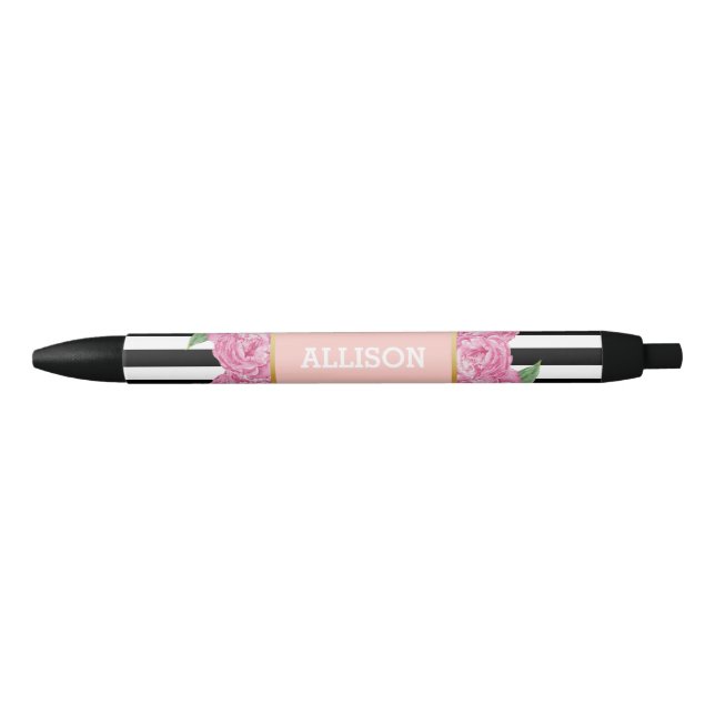 Personalised Name Pink Glam Black Stripes Peony Ink Pen (Front)