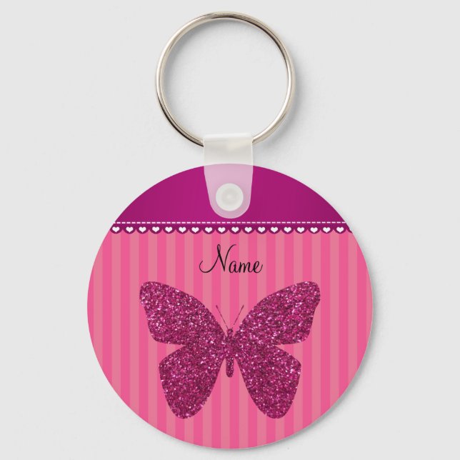Personalised name pink glitter butterfly key ring (Front)