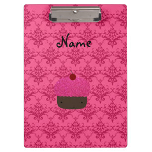 Personalised name pink glitter cupcake damask clipboard