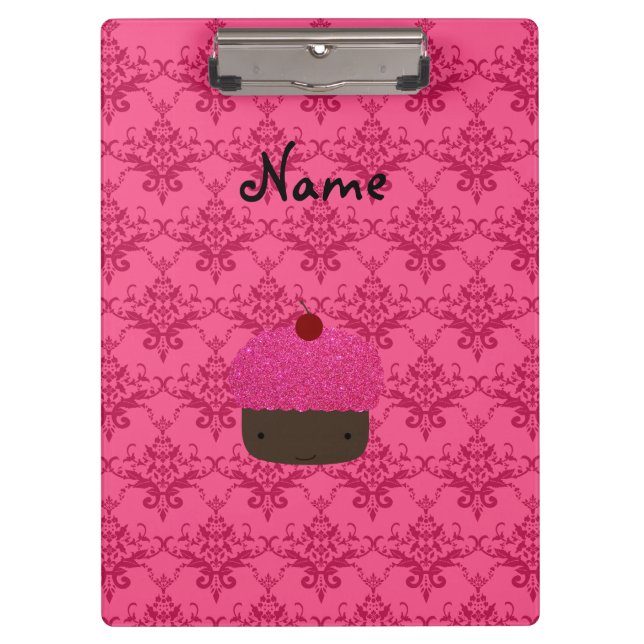 Personalised name pink glitter cupcake damask clipboard (Front)