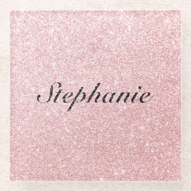 Personalised Name Pink Glitter Sparkle Style Glass Coaster (Front)