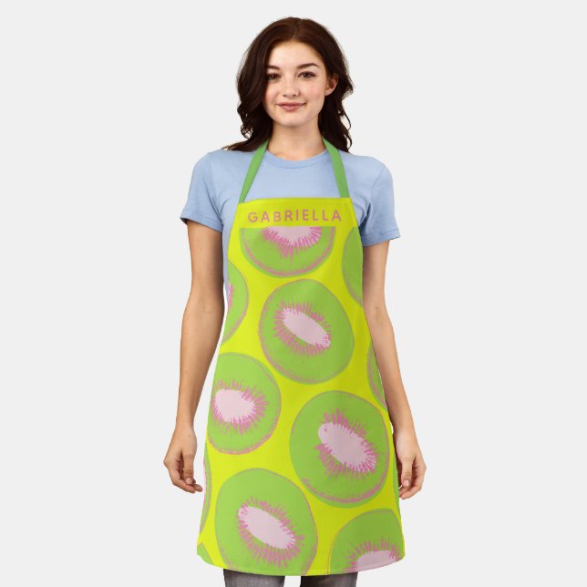 Personalised Name Pink Green Kiwi Fruit Summer Apron (Worn)