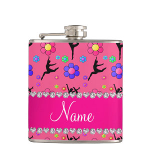 Personalised name pink gymnastics flowers hip flask