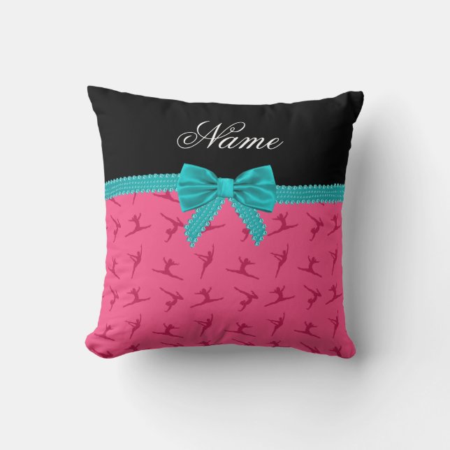 Personalised name pink gymnastics turquoise bow cushion (Front)