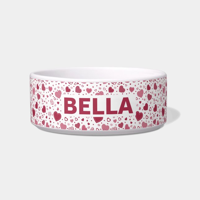 Personalised Name Pink Heart Pattern Pet Bowl (Front)