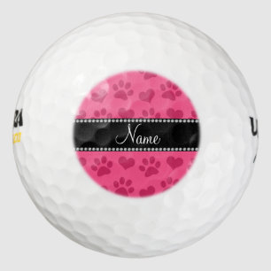 Personalised name pink hearts and paw prints golf balls