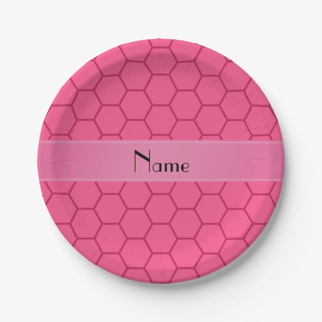 Personalised name pink honeycomb paper plate (Front)