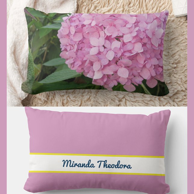 Personalised Name Pink Hydrangea Flowers Lumbar Cushion (Modern, elegant personalized name accent pillow. Photo of pink purple hydrangea. Calligraphy script)