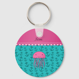 Personalised name pink jellyfish turquoise anchors key ring