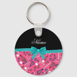 Personalised name pink lacrosse turquoise bow key ring