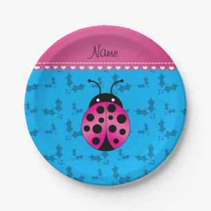 Personalised name pink ladybug sky blue holly paper plate