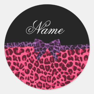 Personalised name pink leopard pattern purple bow classic round sticker