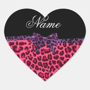Personalised name pink leopard pattern purple bow heart sticker