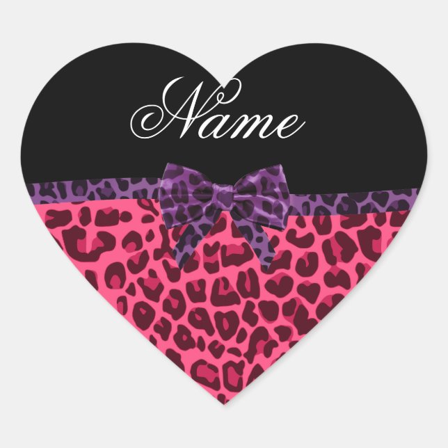 Personalised name pink leopard pattern purple bow heart sticker (Front)