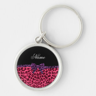 Personalised name pink leopard pattern purple bow key ring