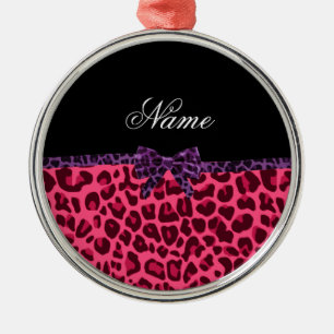Personalised name pink leopard pattern purple bow metal ornament