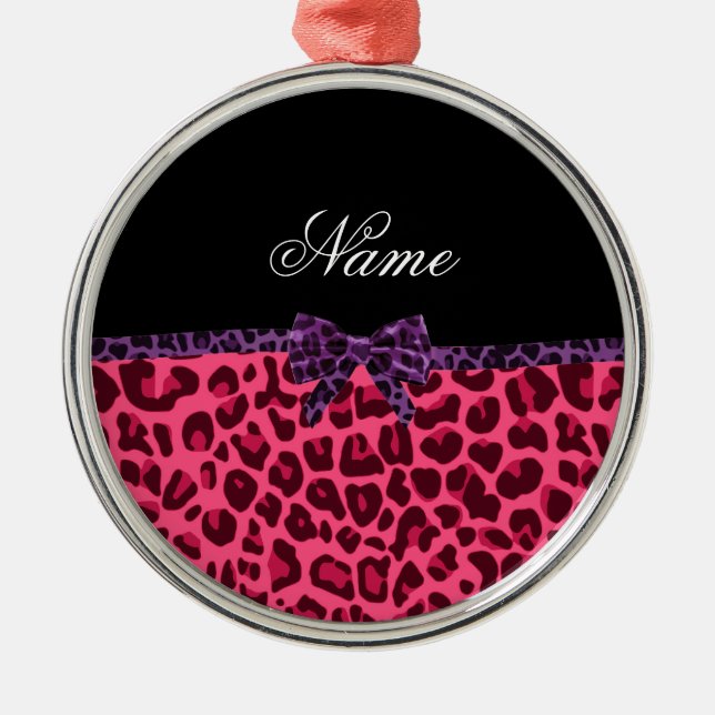 Personalised name pink leopard pattern purple bow metal ornament (Front)
