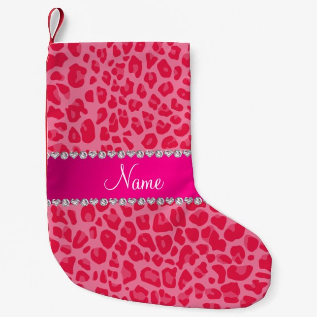 Personalised name pink leopard pattern small christmas stocking (Front)