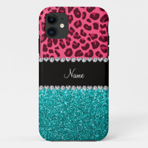 Personalised name pink leopard turquoise glitter iPhone 11 case