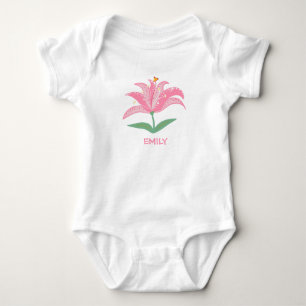 Personalised name pink lily flower baby bodysuit