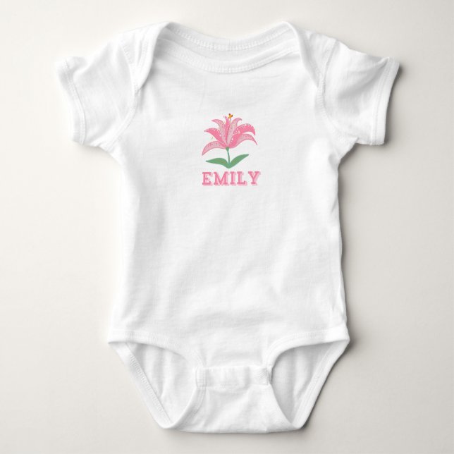 Personalised name pink lily flower baby bodysuit (Front)