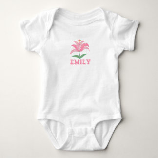 Personalised name pink lily flower baby bodysuit