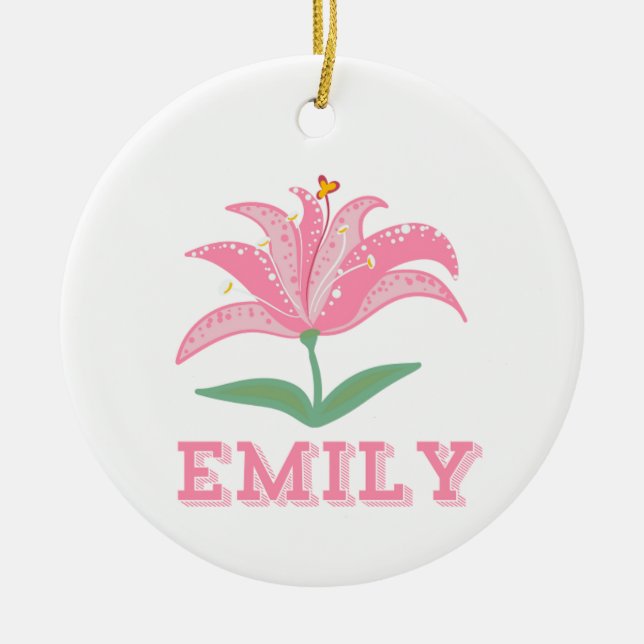 Personalised name pink lily flower baby ceramic ornament (Front)