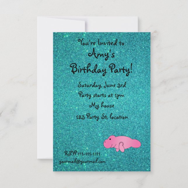 Personalised name pink manatee turquoise glitter invitation (Front)