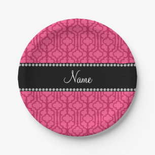 Personalised name pink moroccan quatrefoil paper plate