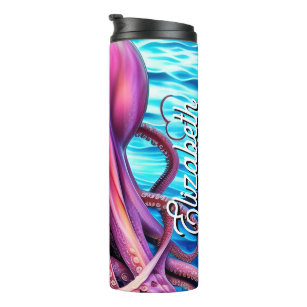 Personalised Name Pink Octopus Blue Ocean Wave Thermal Tumbler