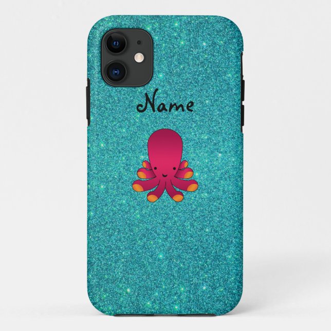 Personalised name pink octopus turquoise glitter Case-Mate iPhone case (Back)