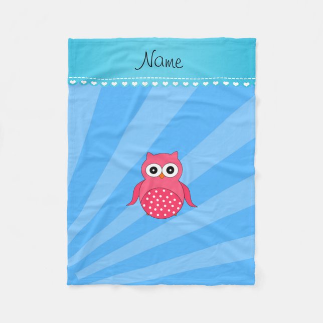 Personalised name pink owl blue sunburst fleece blanket (Front)
