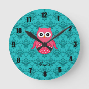 Personalised name pink owl turquoise damask round clock