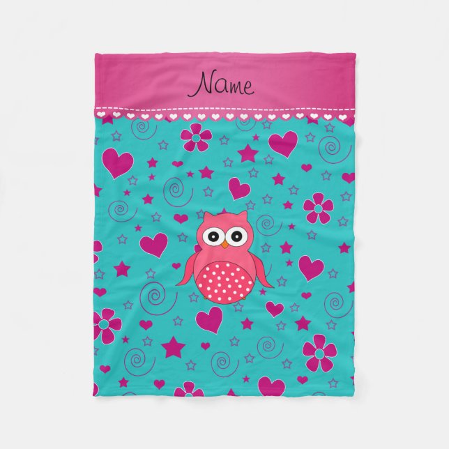 Personalised name pink owl turquoise pink hearts fleece blanket (Front)