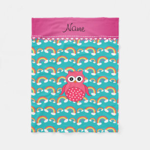Personalised name pink owl turquoise rainbows fleece blanket