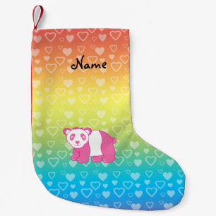 Personalised name pink panda rainbow hearts small christmas stocking