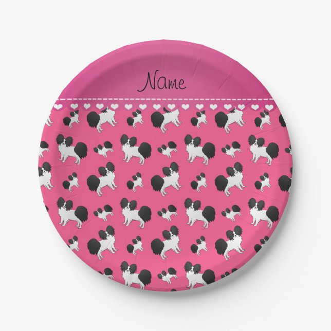 Personalised name pink Papillon dogs Paper Plate (Front)