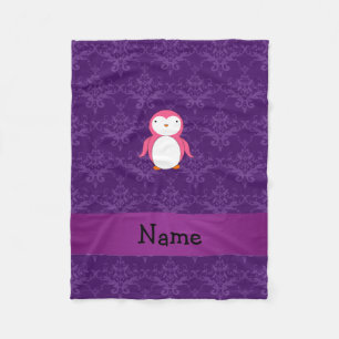 Personalised name pink penguin purple damask fleece blanket